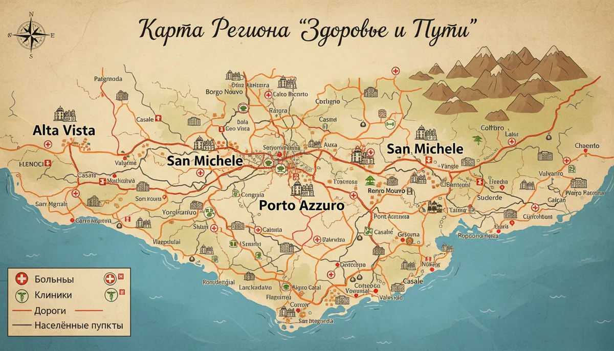Карта региона с отмеченными медицинскими учреждениями, дорожная сеть, населённые пункты